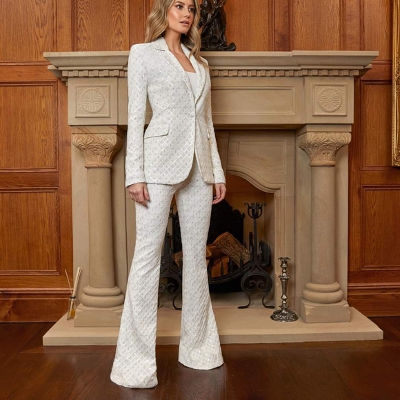 NADINE MERABI MEGHAN White Beige Flare Embroidered Sequin Velvet Trousers Pants - Picture 6 of 16